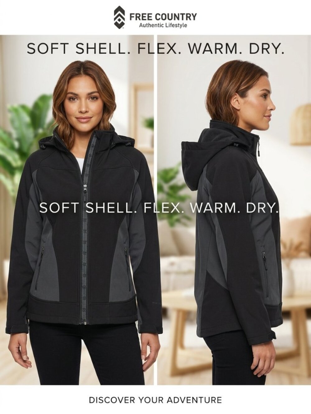Free Country Softshell Black Gray Detachable Hood Fleece Womens Jacket Size M